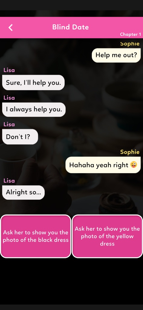 Interface of Love Chat app showing a chat story called Blind Date with interactive choice buttons at the bottom