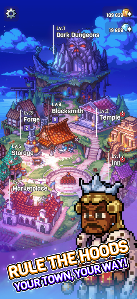 Knights of Pen and Paper 3 - Pantalla de gestión de aldea pixelada en Knights of Pen and Paper 3 mostrando edificios mejorables como la Herrería y el Templo