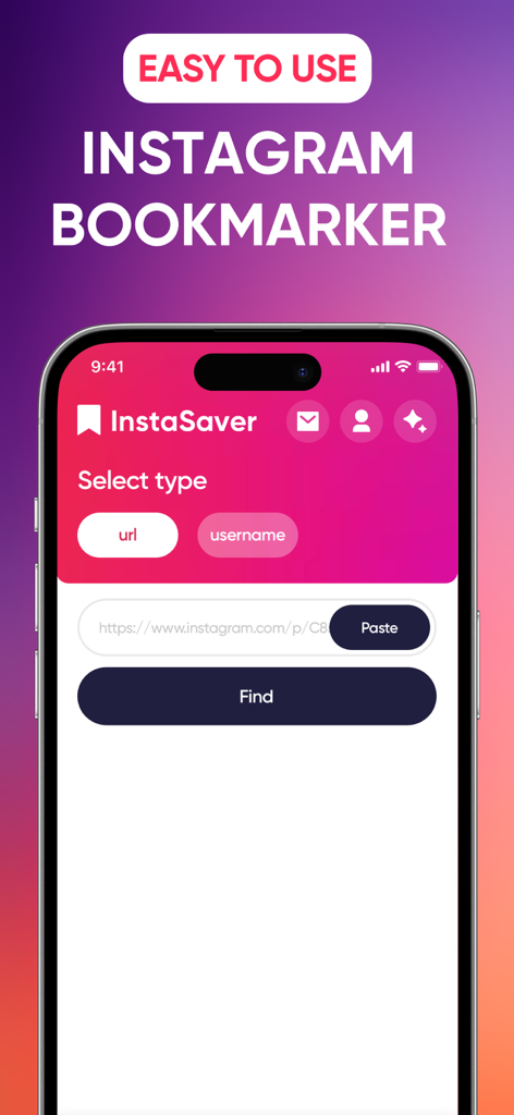 InSaver - Save Reel & Video - InSaver app interface on iPhone showing the Instagram bookmarking screen with URL input and paste button.