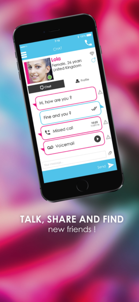 Amitié : chat, dating, friends - Interface de chat de l'application Amitie montrant une conversation et un profil d'utilisateur