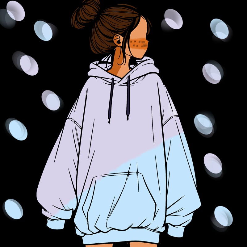 realistic girl with a oversized sweatshirt on and a bun