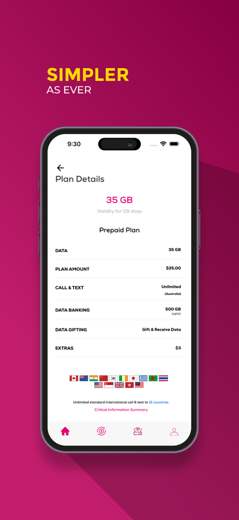 My Telsim - My Telsim app interface displaying details of a 35GB prepaid plan including price, data, and international call features