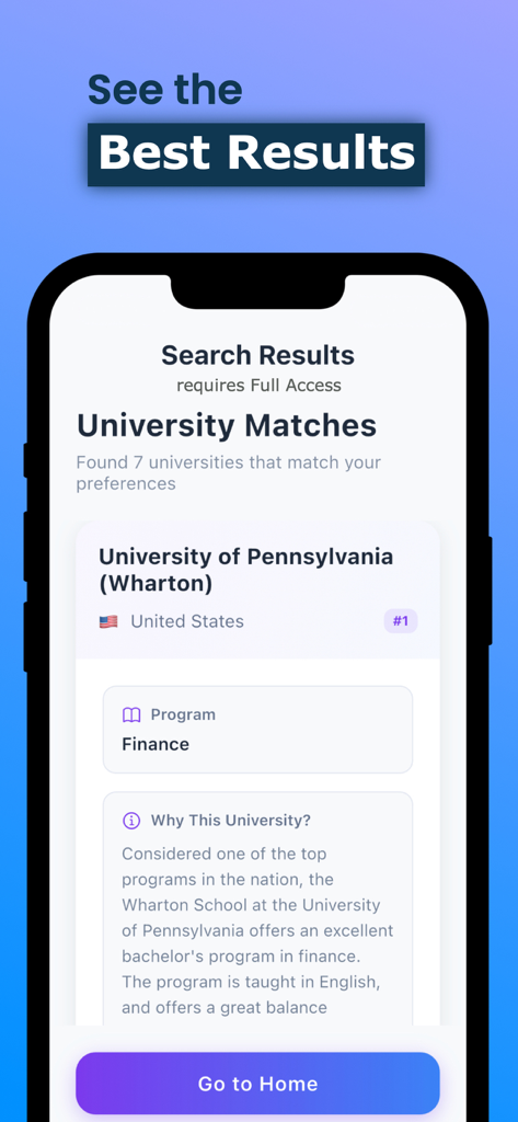 Screenshot of Penguni app showing personalized university search results for the University of Pennsylvania Wharton finance program.