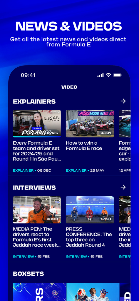レース解説やドライバーインタビューを掲載したフォーミュラEアプリのビデオギャラリー