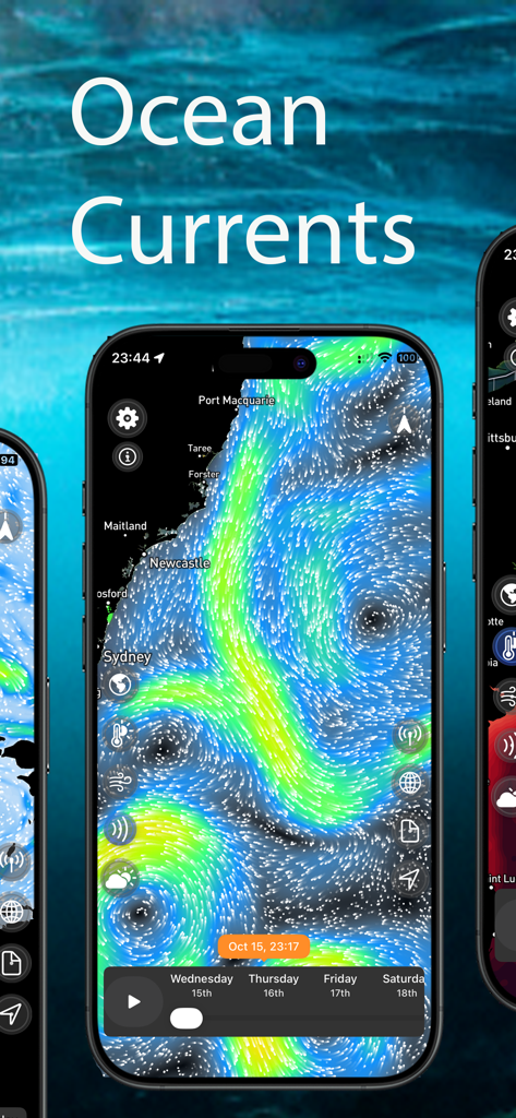 Sea Maps - Visualisation du flux des courants océaniques animés sur l'application de navigation marine Sea Maps.