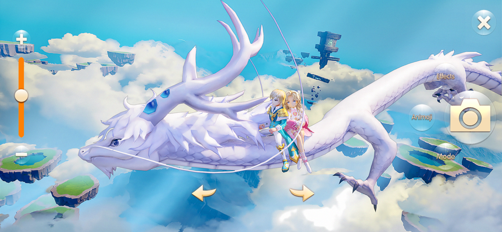 Tales of Wind: Radiant Rebirth - Dos personajes estilo anime montando una enorme montura de dragón blanco a través de las nubes y sobre islas flotantes