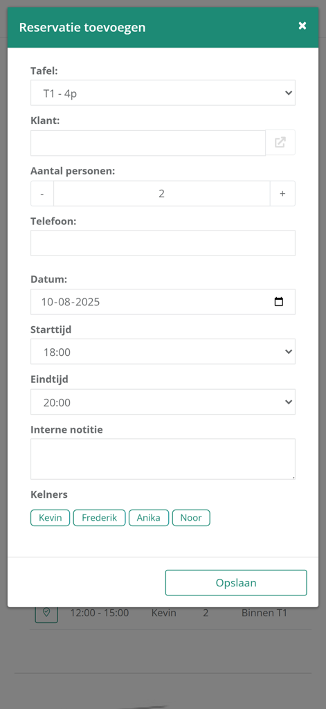 Easybooker - The add reservation interface in the Easybooker app showing table selection and booking details