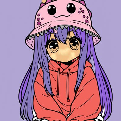 girl with anime shaped eyes with a dinosaur bucket hat oversized sweatshirt long straight hair
