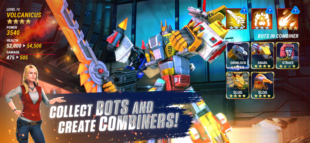 Transformers: Earth Wars - Volcanicus Combiner-Einheit im Interface des mobilen Spiels Transformers Earth Wars.