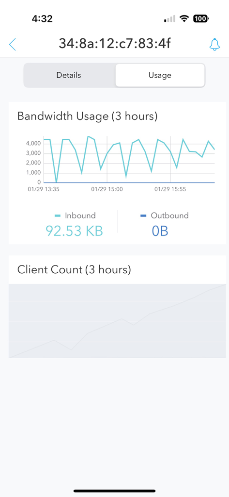 HPE Aruba Networking Central - Network bandwidth usage and client count graphs in the HPE Aruba Networking Central mobile app