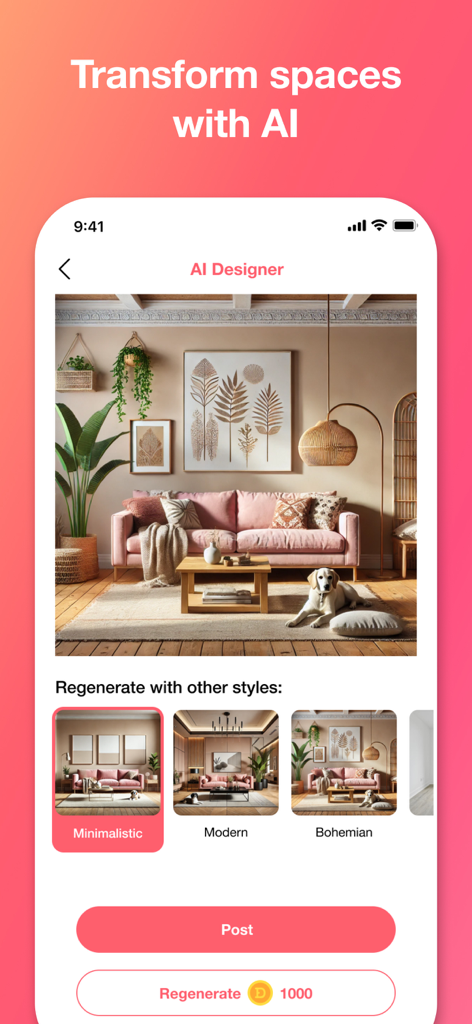 Interfaz de la aplicación Decor Matters que muestra una sala de estar transformada con estilos de diseño de interiores con IA