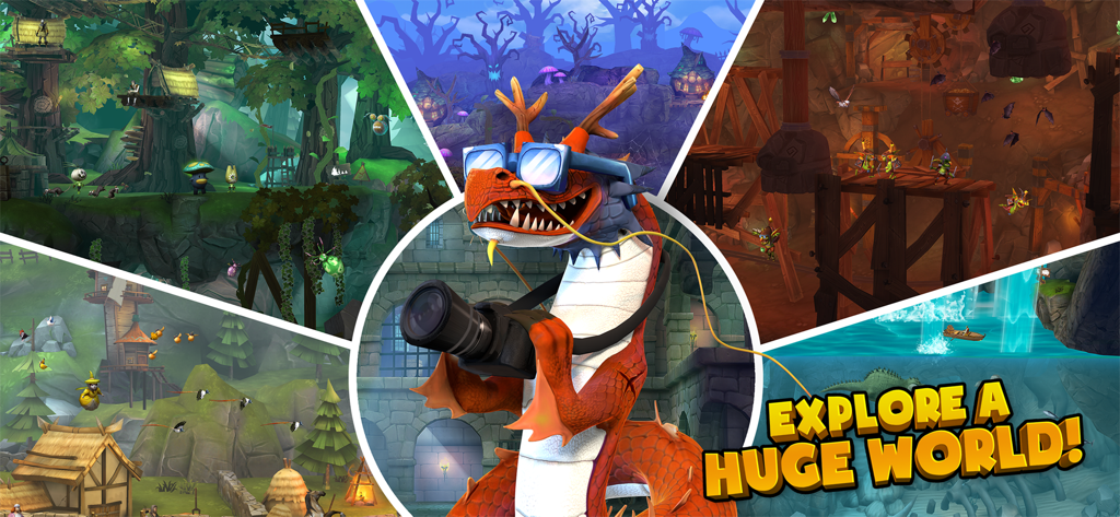 Hungry Dragon: by Hungry Shark - Un dragón rojo con gafas azules sosteniendo una cámara rodeado de varios entornos de fantasía del juego.