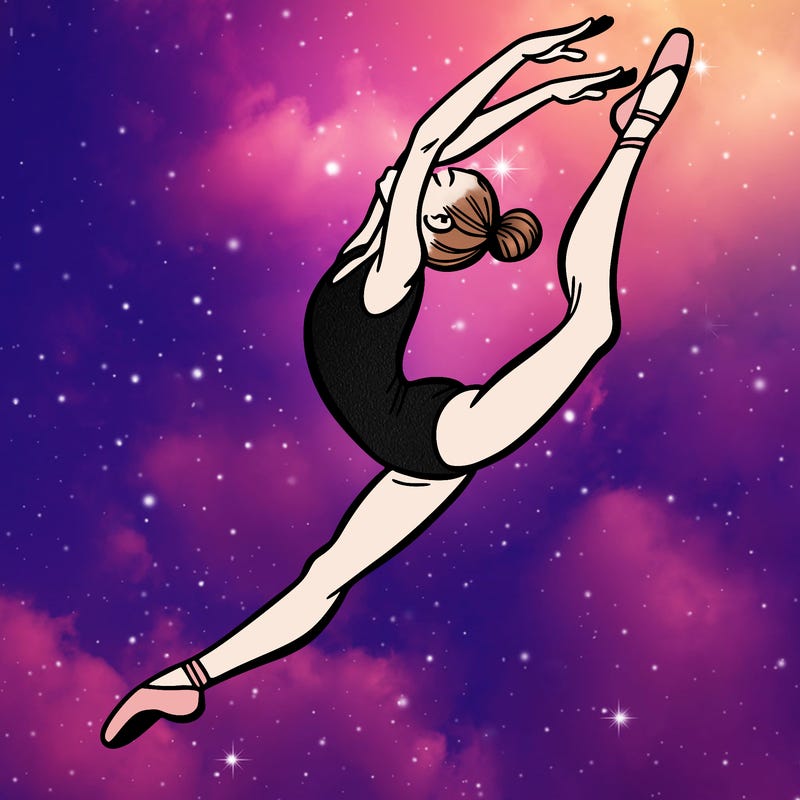 gymnast doing a leap in a leotard with a bent back leg