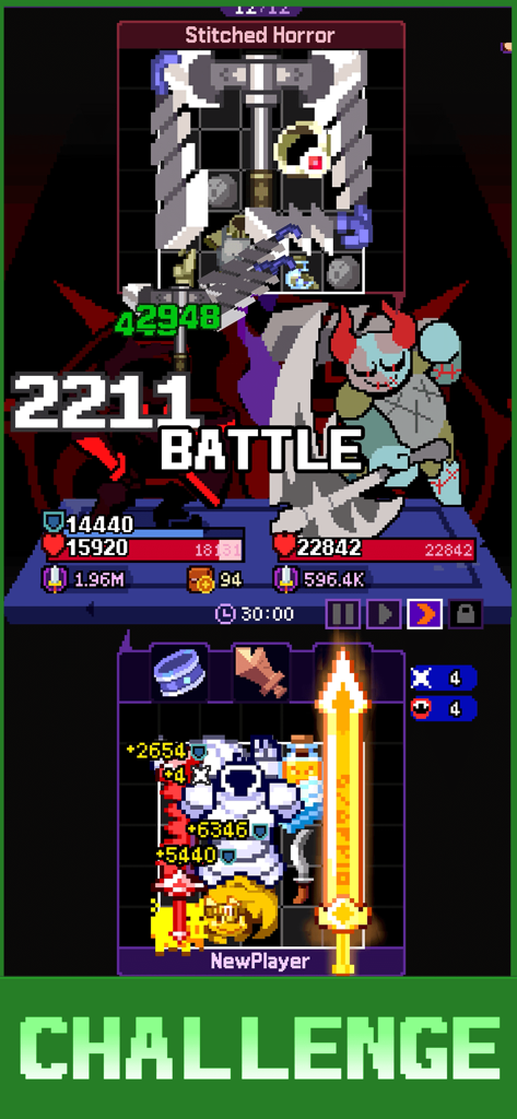 Overgeared Hero: Merge RPG - Captura de pantalla de jugabilidad de Overgeared Hero Merge RPG con una batalla contra un jefe y gestión estratégica de inventario en estilo de arte de píxeles