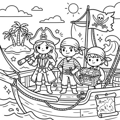 Embark on an exciting coloring quest with this charming pirate ship scene, featuring three eager young buccaneers ready for adventure. Designed especially for kids, this page promises hours of creative fun as they bring the high seas to life with color.