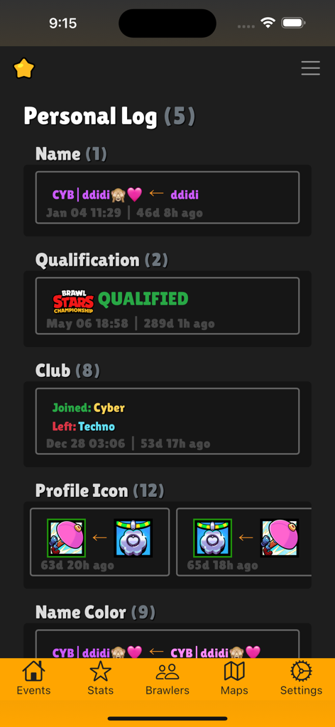 Pantalla de registro personal de Brawlify que muestra el historial de nombres de jugadores y cualificaciones de campeonatos.