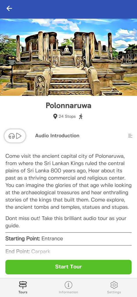 Balamu - Pantalla de la aplicación Balamu para el tour de audio autoguiado de Polonnaruwa