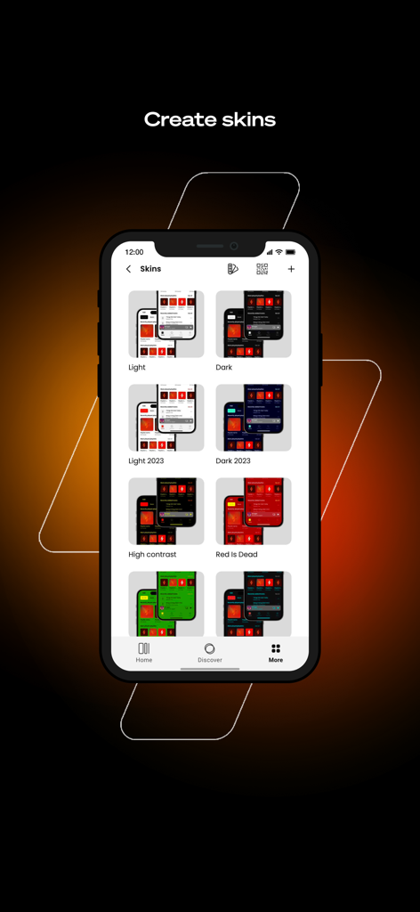 Interfaz de la aplicación móvil Winamp que muestra una variedad de skins de color seleccionables en un iPhone.