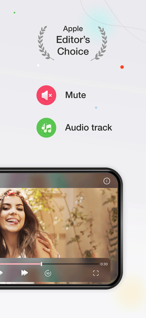 Video Player: HD & All Format - Mobile video player interface with mute and audio track features and Editor Choice award