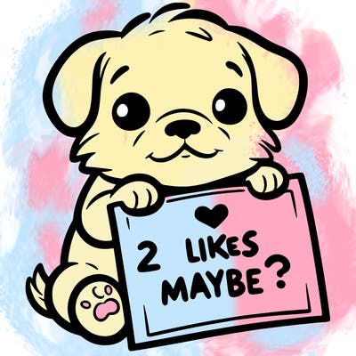 a puppy holding a sign that says 2 likes maybe?
