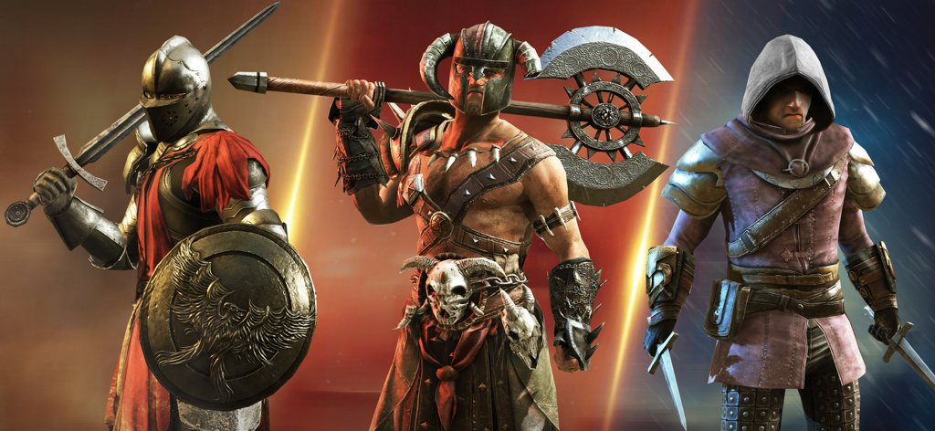 Fight Legends: Sword Fighting - Fight Legends の3つのキャラクタークラス。盾を持った騎士、両手斧を持った戦士、短剣を持った暗殺者。