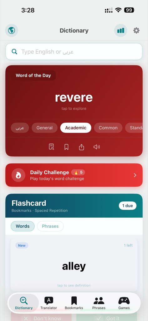 Dictionary & Translator Pro - Dictionary app home screen showing word of the day revere daily challenge streak and spaced repetition flashcards