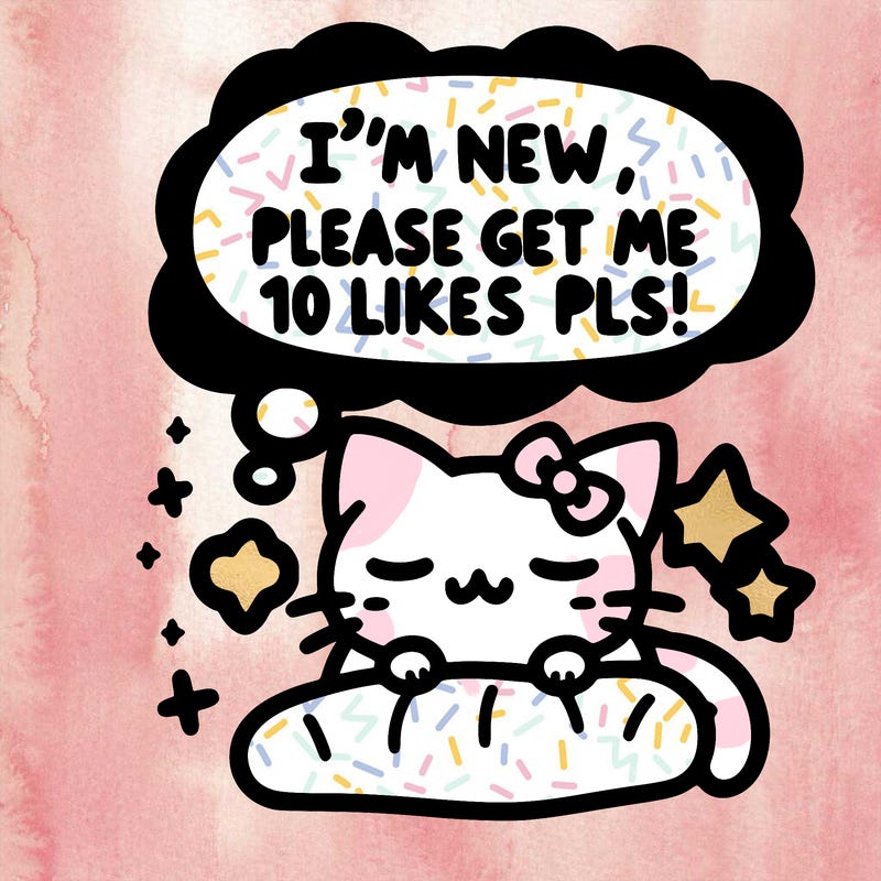 kitty taking a nap dream talking and saying "i'm new, please get me at least 10 likes pls!!"