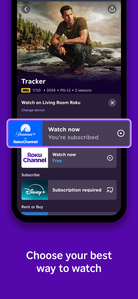The Roku app interface displaying various streaming options and platforms for watching a TV show on a mobile device.