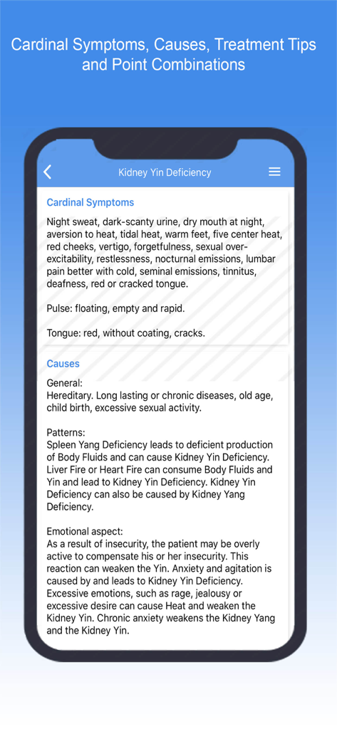 Shen-Acupuncture - Shen-Acupunctureアプリのモバイル画面で、腎陰虚診断の主要な症状と原因を詳細に表示。