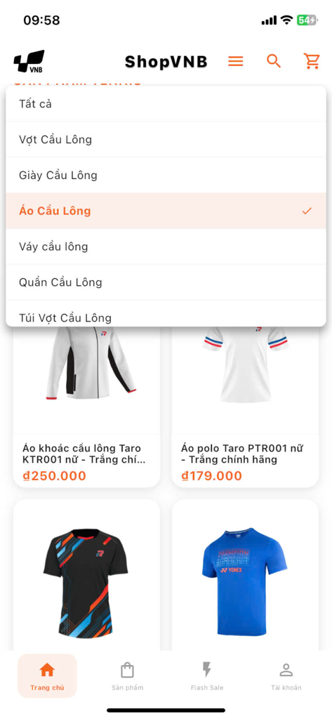 ShopVNB - ShopVNB mobile app screenshot showing badminton clothing category menu and product grid