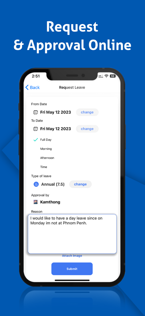 CheckinMe app mobile interface for requesting and approving employee leave online