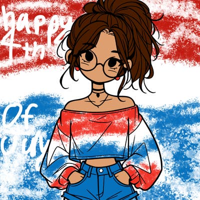 girl with a messy ponytail glasses a baggy crop top and jean shorts