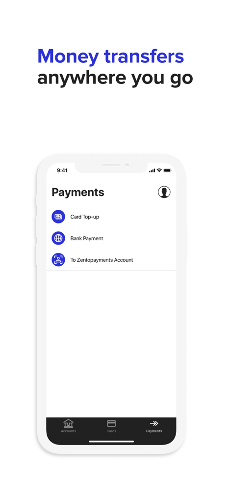 Zento - Pantalla de pagos de la app de banca empresarial Zento mostrando opciones de recarga de tarjeta y transferencia bancaria
