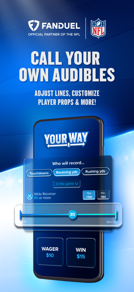 FanDuel Sportsbook app interface showing a custom NFL player prop slider for receiving yards