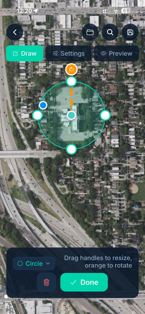 Mission Planner for DJI Drones - Drone mission planning screen showing a circular flight path being adjusted over a satellite map