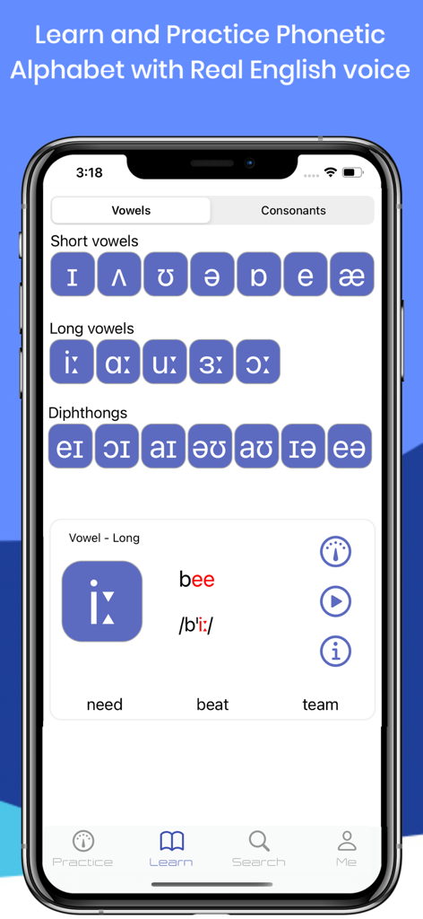 Speakometer-Accent Training AI - Speakometer app interface showing the IPA phonetic alphabet chart for English vowels and practice exercises
