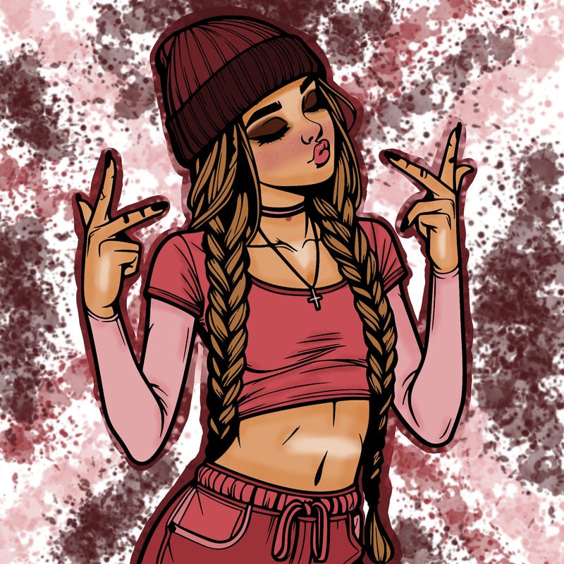 realistic teenage girl with braids and a beanie and crop top doing 🫶🏼
