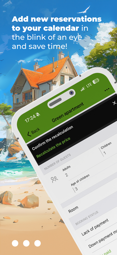BedBooking booking calendar - BedBookingモバイルアプリのインターフェース。レンタル物件の予約とゲストの詳細を管理します。