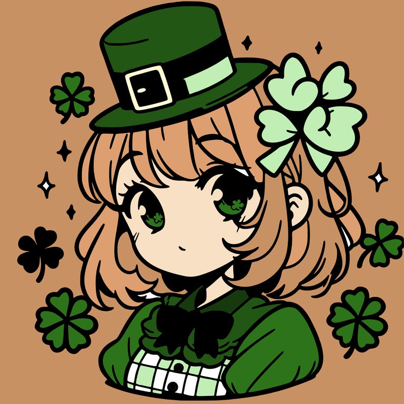 a manga-style girl with clovers around her, a little hat in her hair, like it's saint patrick's day