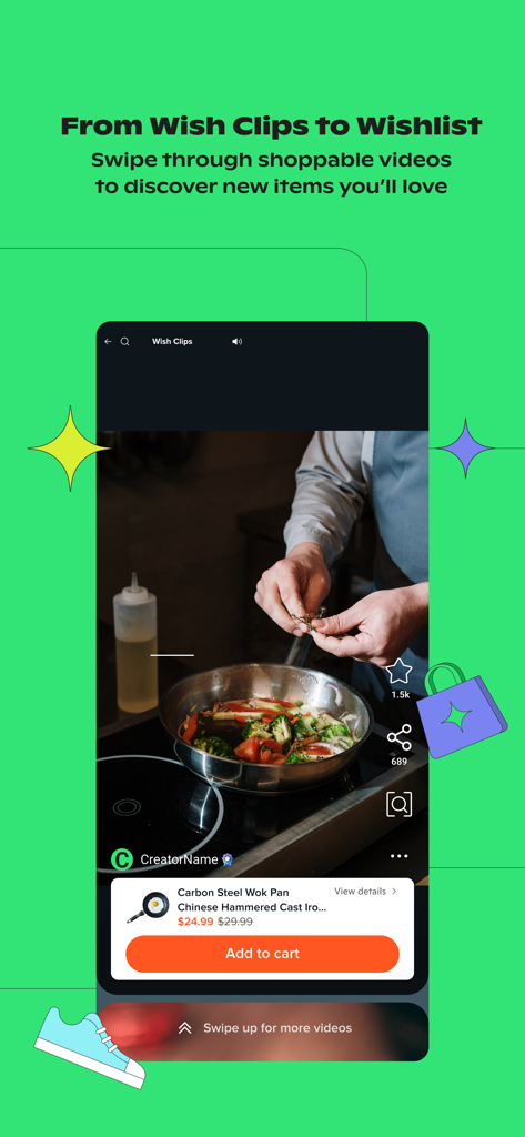 Una interfaz móvil de Wish Clips que muestra un video comprable de una sartén con un botón de agregar al carrito.