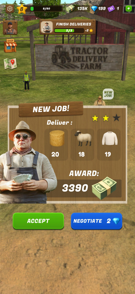 Tractor Delivery Farm - Una pantalla de oferta de nuevo trabajo en el juego Tractor Delivery Farm que muestra los requisitos de entrega de heno, ovejas y lana con una recompensa en efectivo