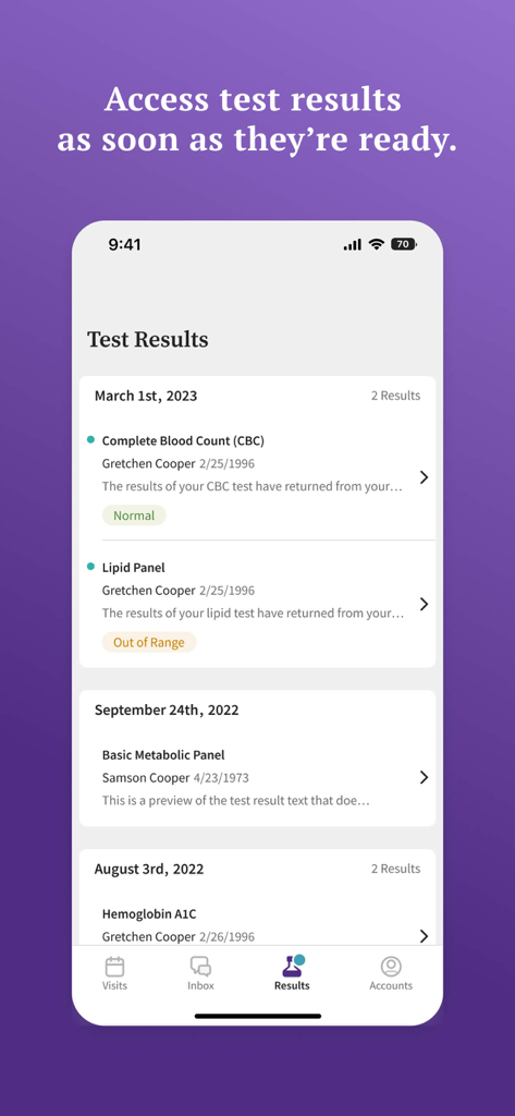 athenaPatient - athenaPatient app screen displaying a list of medical test results like CBC and Lipid Panel