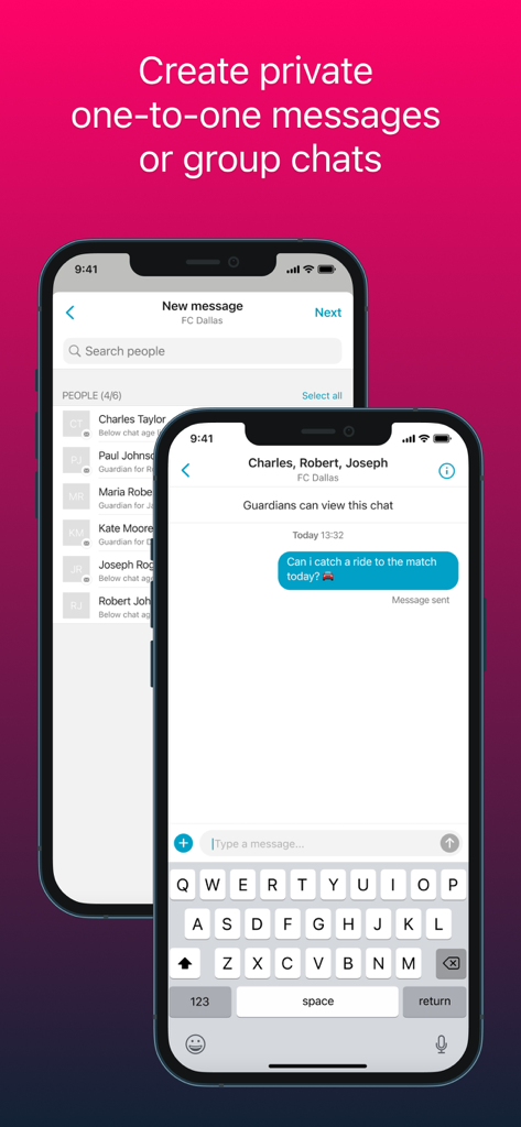 Mobile screens showing the Spond app interface for private messaging and group chats within a sports team