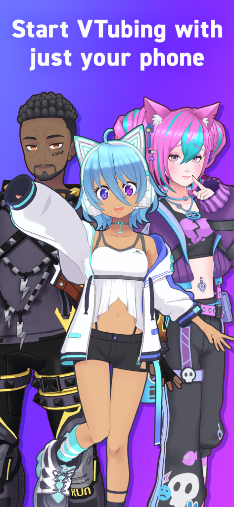Three stylized 3D anime avatars illustrating mobile VTubing features