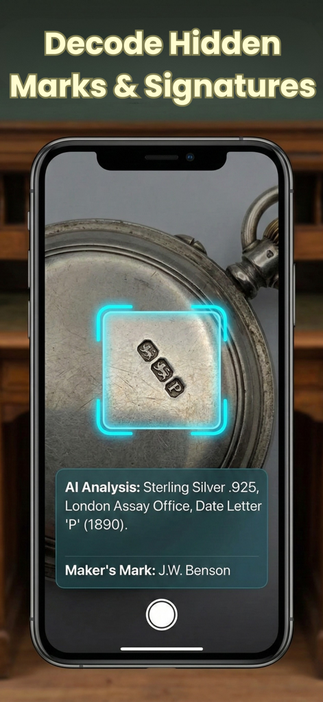 Antique Identifier app decoding silver hallmarks and maker marks on a vintage item