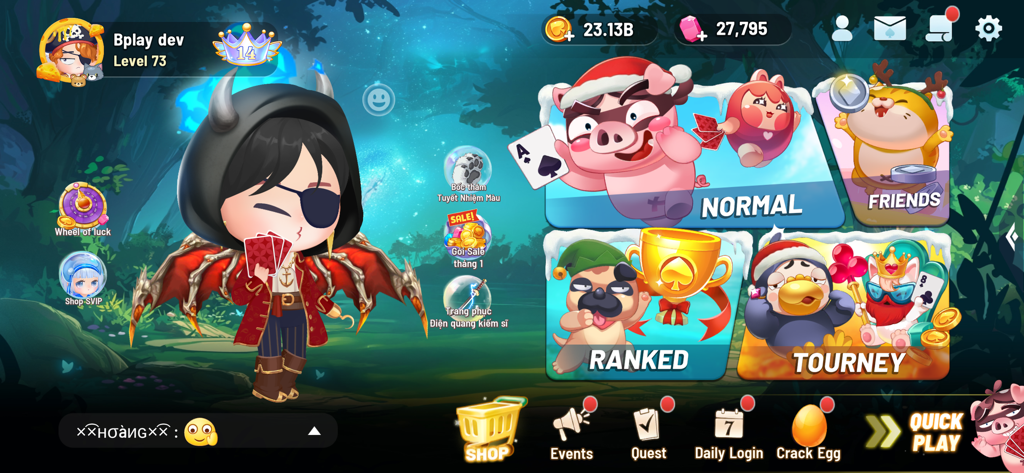 Ba Bich Game - Main menu of Ba Bich Game Bplay showing game modes like Ranked and Tourney with colorful cartoon characters