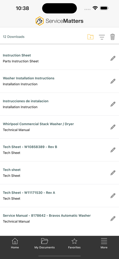 ServiceMatters - A list of downloaded technical manuals and instruction sheets in the ServiceMatters mobile app.