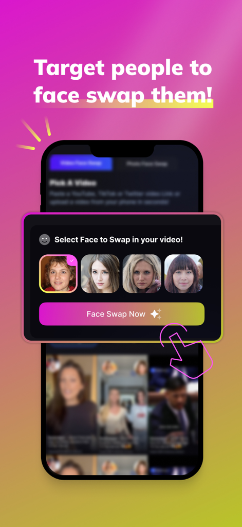 Swapzy AI: Video Generator - Mobile interface showing the selection of multiple target faces for an AI video face swap.