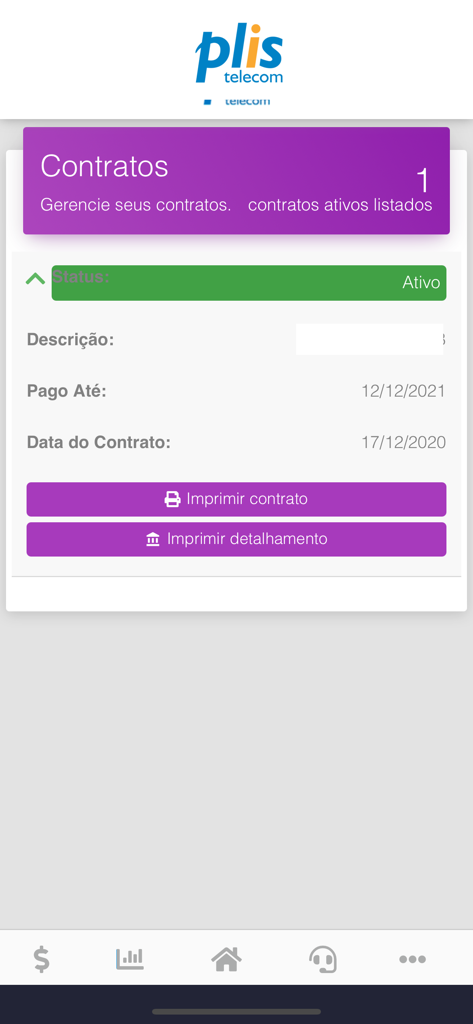 Plis Telecom - Mobile interface of Plis Telecom showing active contract details and status
