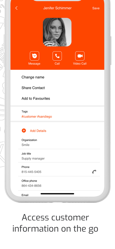 Mobile App-Oberfläche, die ein Kundenprofil mit Kontaktinformationen und Kommunikationsoptionen für die geschäftliche Nutzung anzeigt